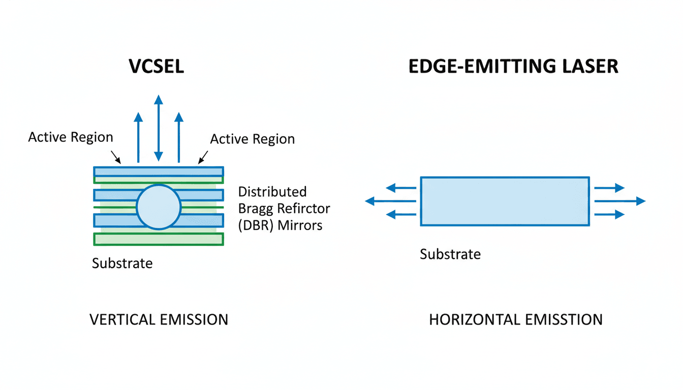 VCSELと端面発光レーザーの発光方向の簡略比較図 代替テキスト: VCSELの垂直発光と端面発光レーザー構造の比較